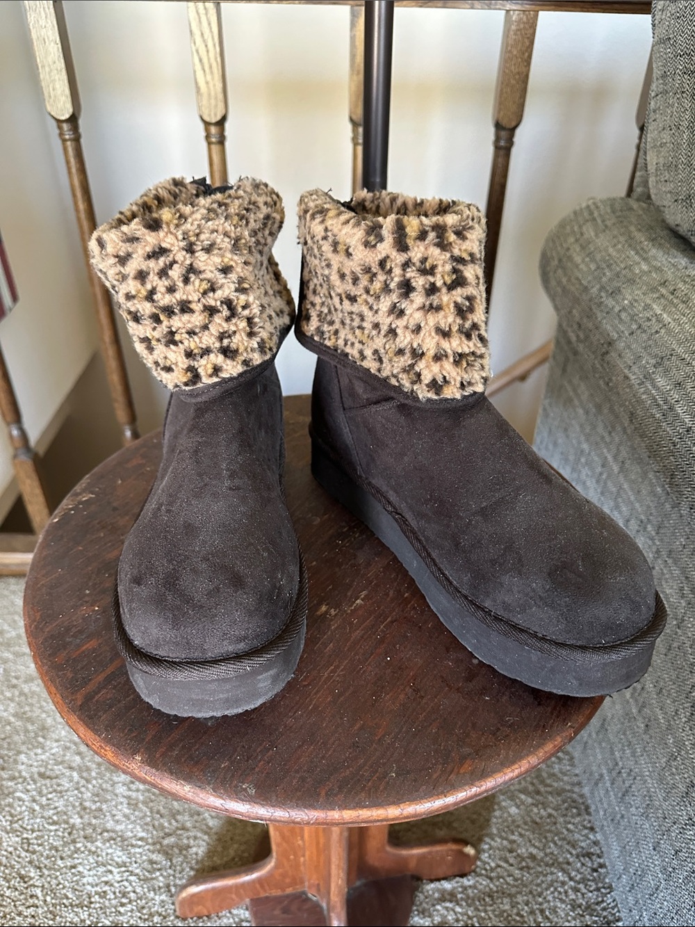 Women's Brown Faux-Suede Fold-Over Ankle Boots with Leopard Faux-Fur Cuff